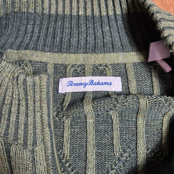 Tommy Bahama Men's L Green Fisherman Sweater Quarter Zip Cable Knit Cotton - Picture 3 of 8